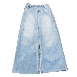OAT NY Midi Skirt Light Wash Distressed Denim Jean Skirt Raw Hem Size 0 / 25